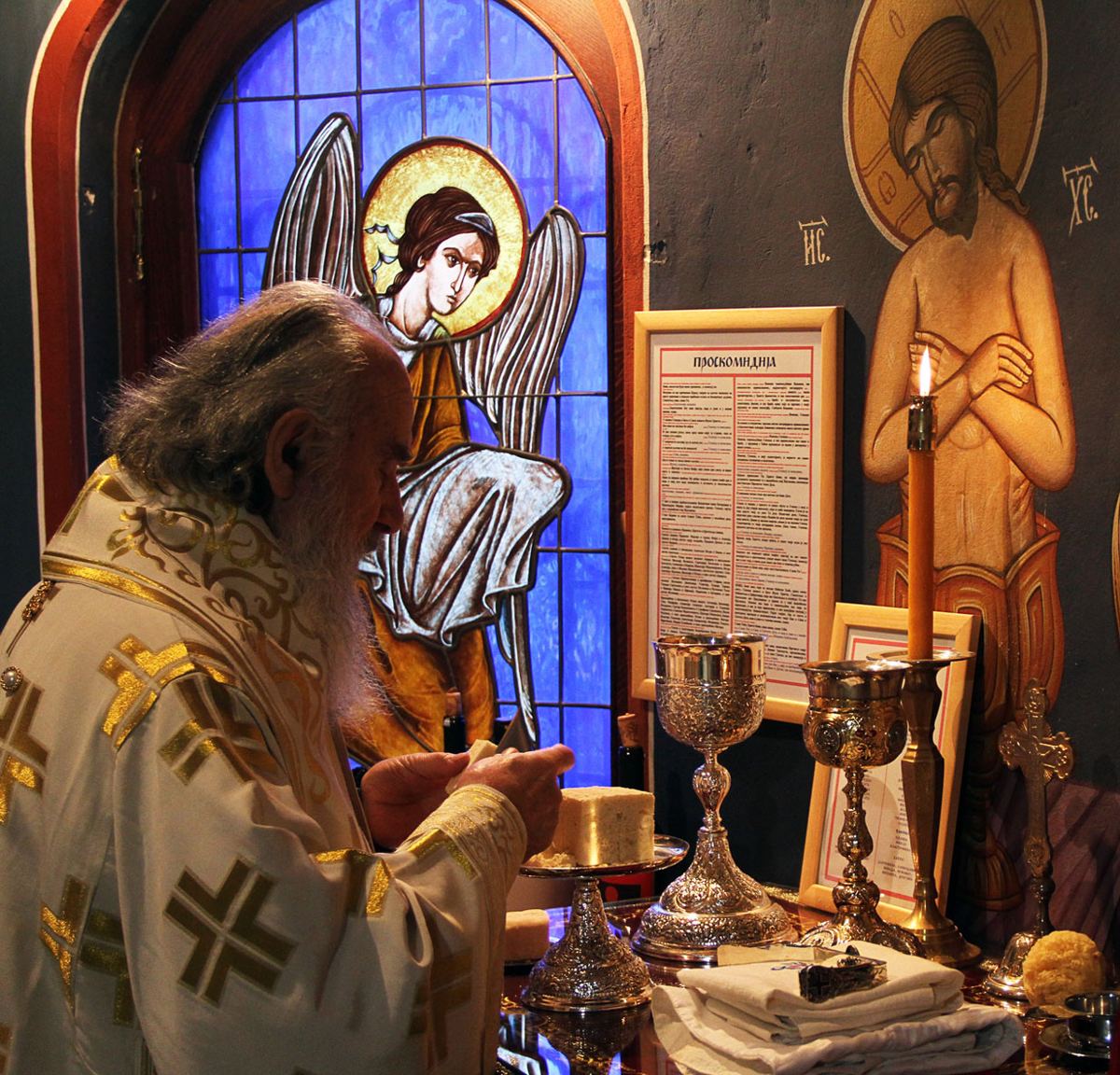 Stained glass windows at the Church of Saint Basil of Ostrog in Belgrade, Serbia