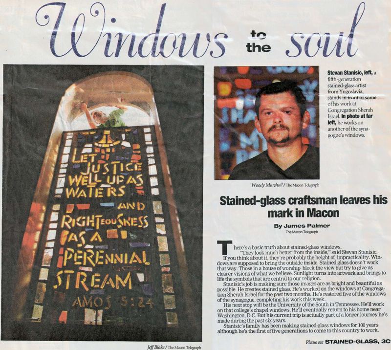 The Macon Telegraph article on stained glass at Congregation Sha'arey Israel in Macon, Georgia