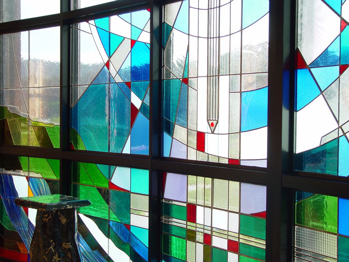 Stained glass at St. Francis Chapel, Marin Catholic in Kentfield, California