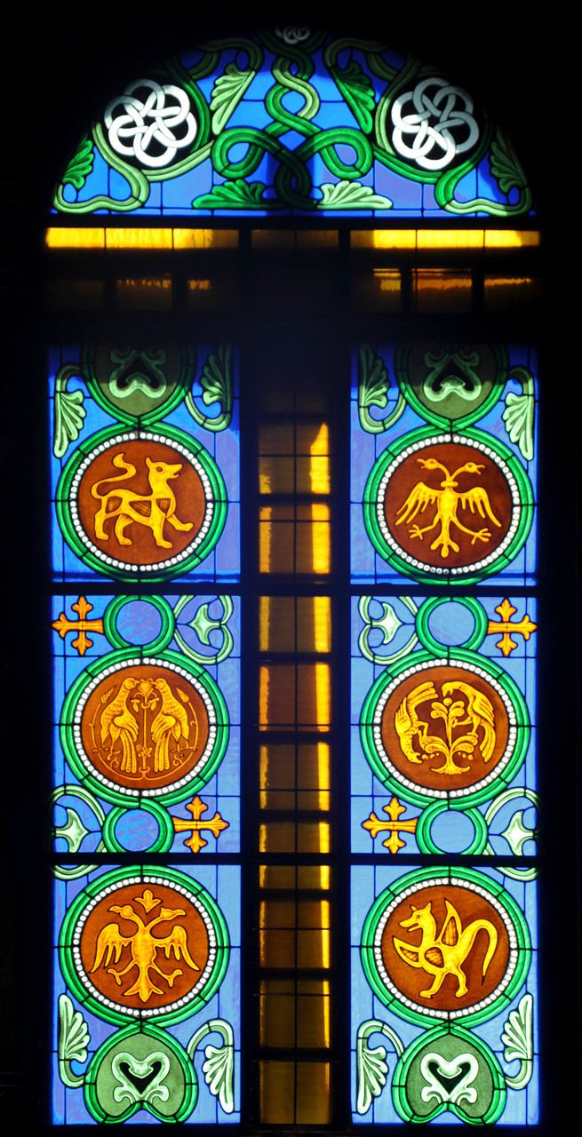 Stained glass windows at the Church of Saint Basil of Ostrog in Belgrade, Serbia