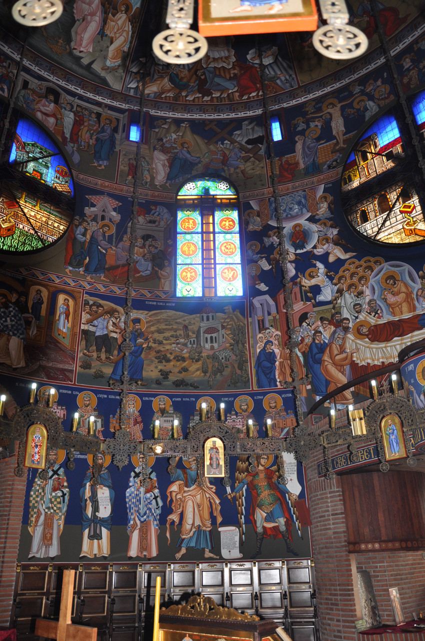 Stained glass windows at the Church of Saint Basil of Ostrog in Belgrade, Serbia