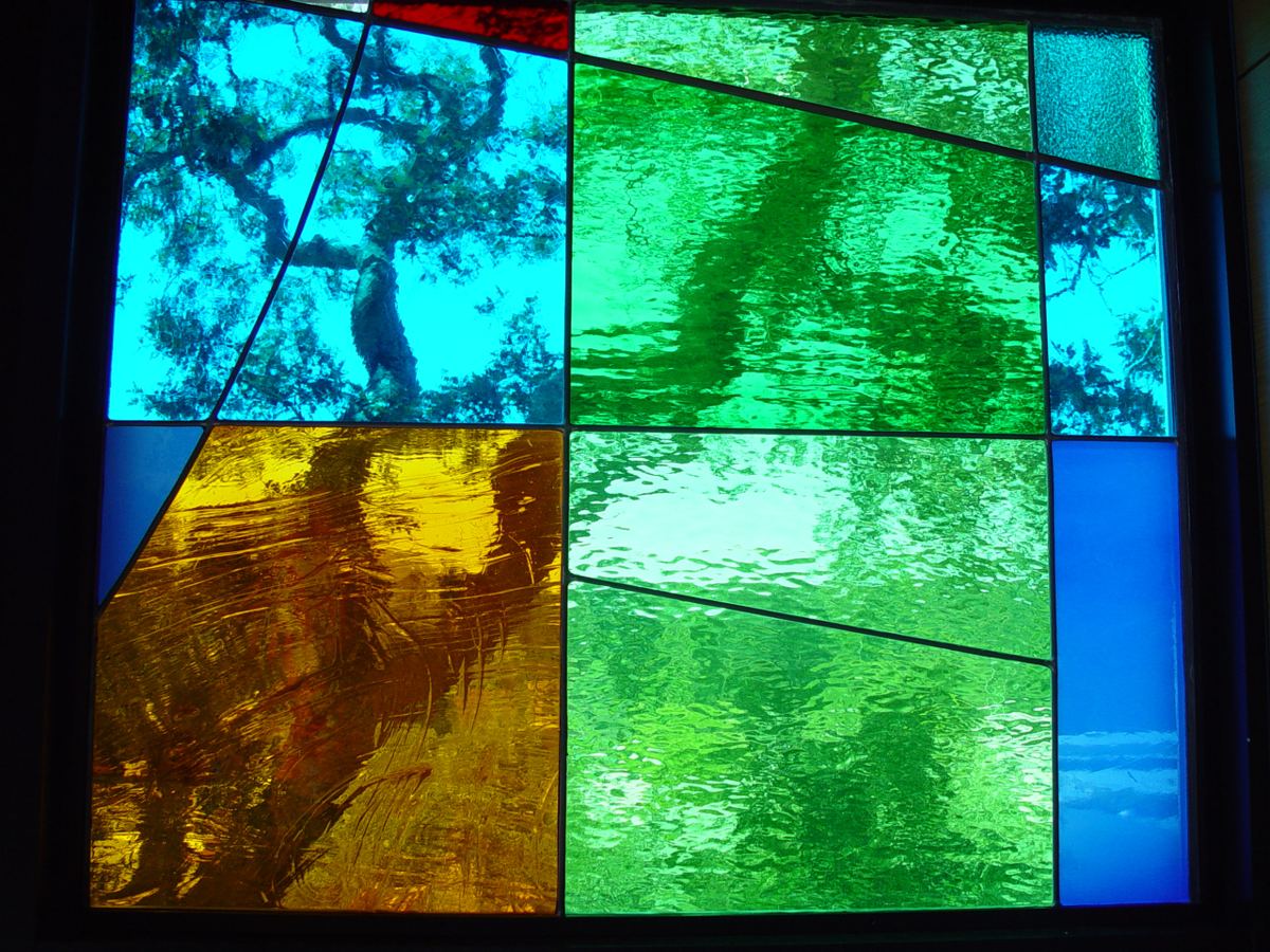 Stained glass at St. Francis Chapel, Marin Catholic in Kentfield, California