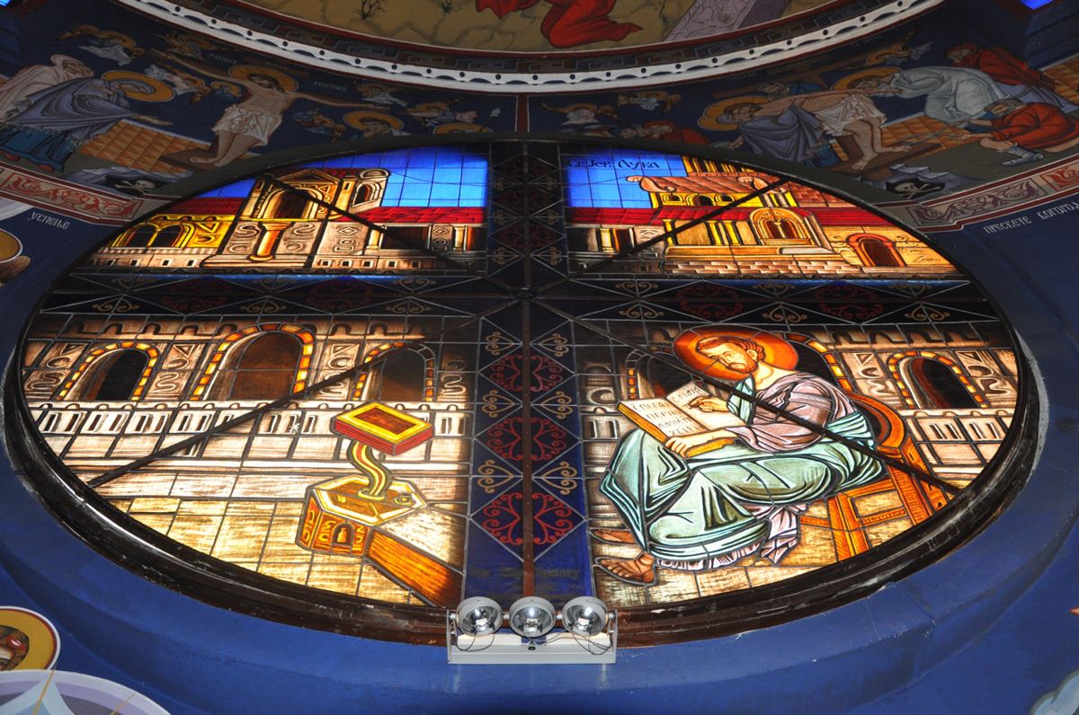 Stained glass windows at the Church of Saint Basil of Ostrog in Belgrade, Serbia