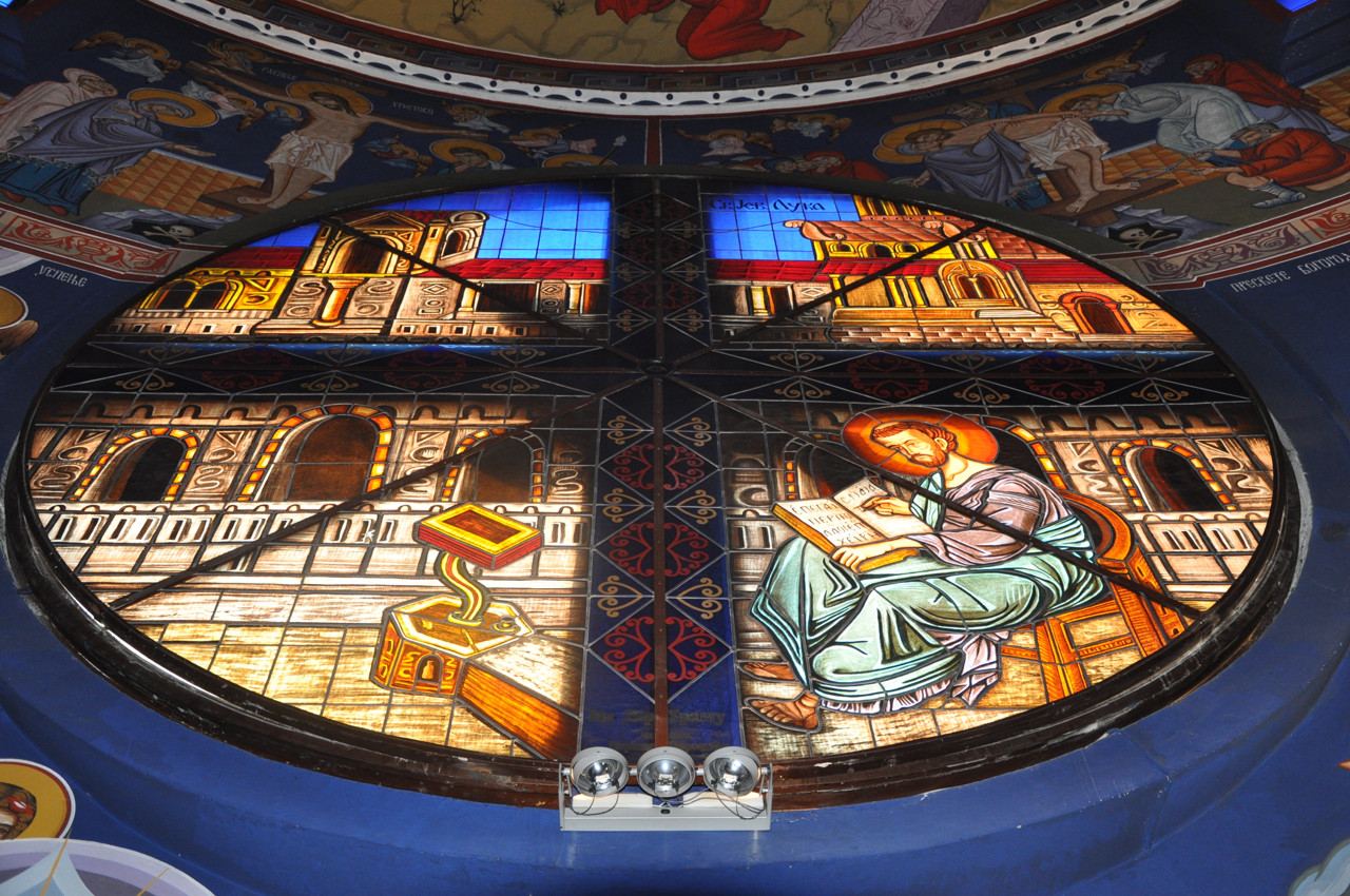 Stained glass windows at the Church of Saint Basil of Ostrog in Belgrade, Serbia