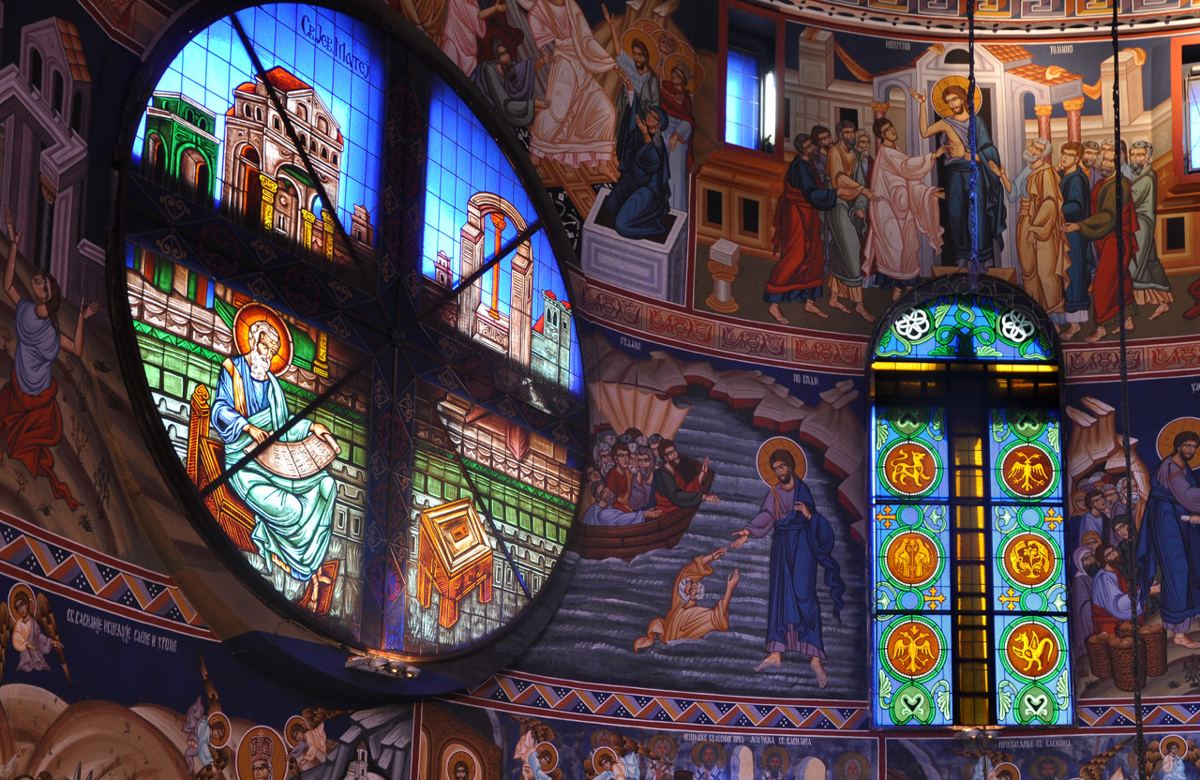 Stained glass windows at the Church of Saint Basil of Ostrog in Belgrade, Serbia