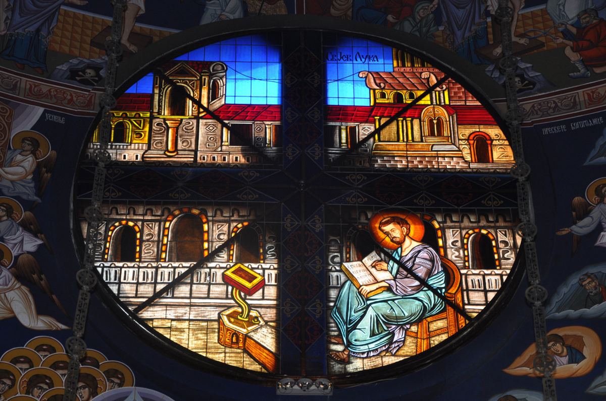 Stained glass windows at the Church of Saint Basil of Ostrog in Belgrade, Serbia