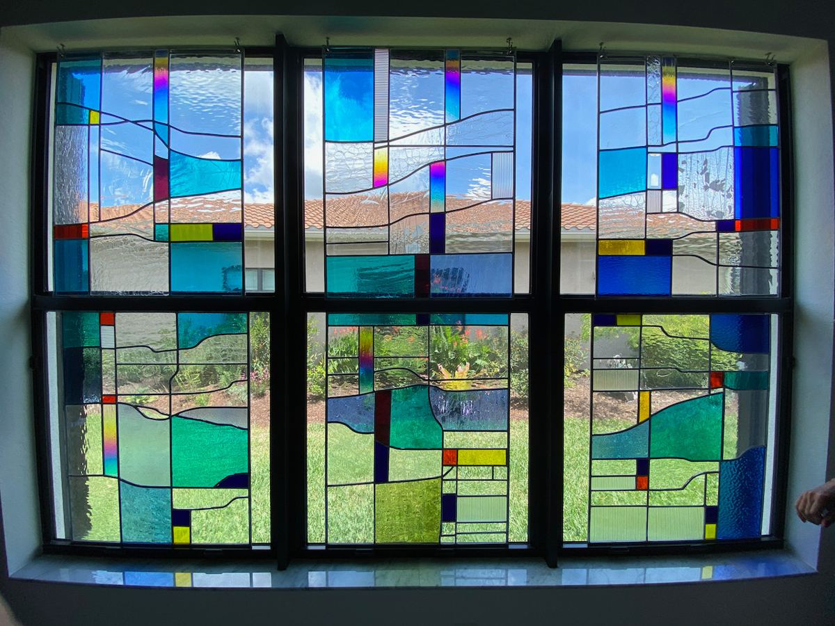 Abstract geometric stained glass at the Belfield residence in Bonita Springs