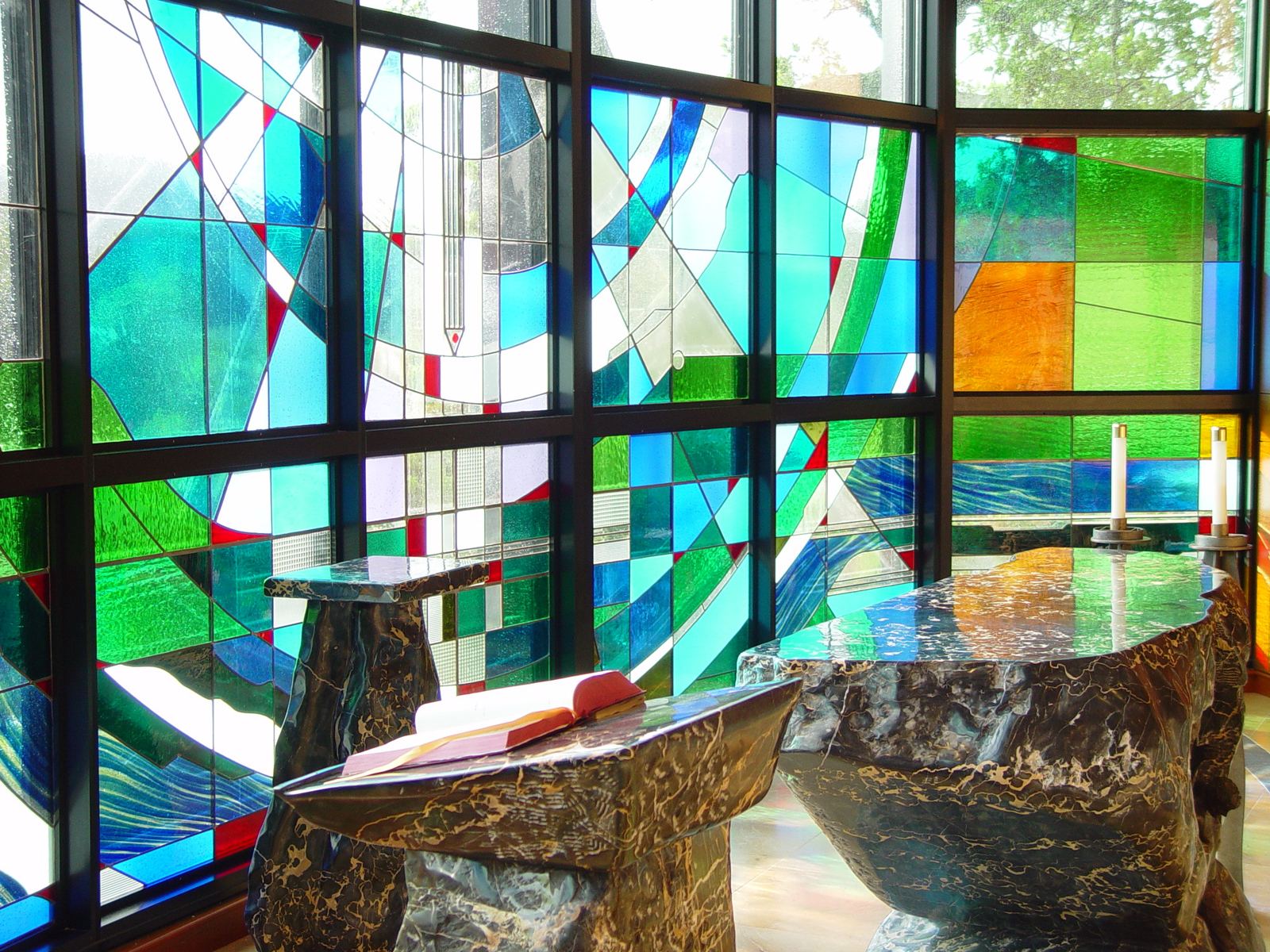 Stained glass at St. Francis Chapel, Marin Catholic in Kentfield, California