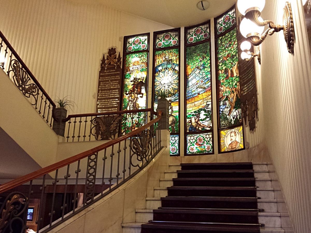 Stained glass windows at the Grand Hotel Gellert in Budapest, Hungary