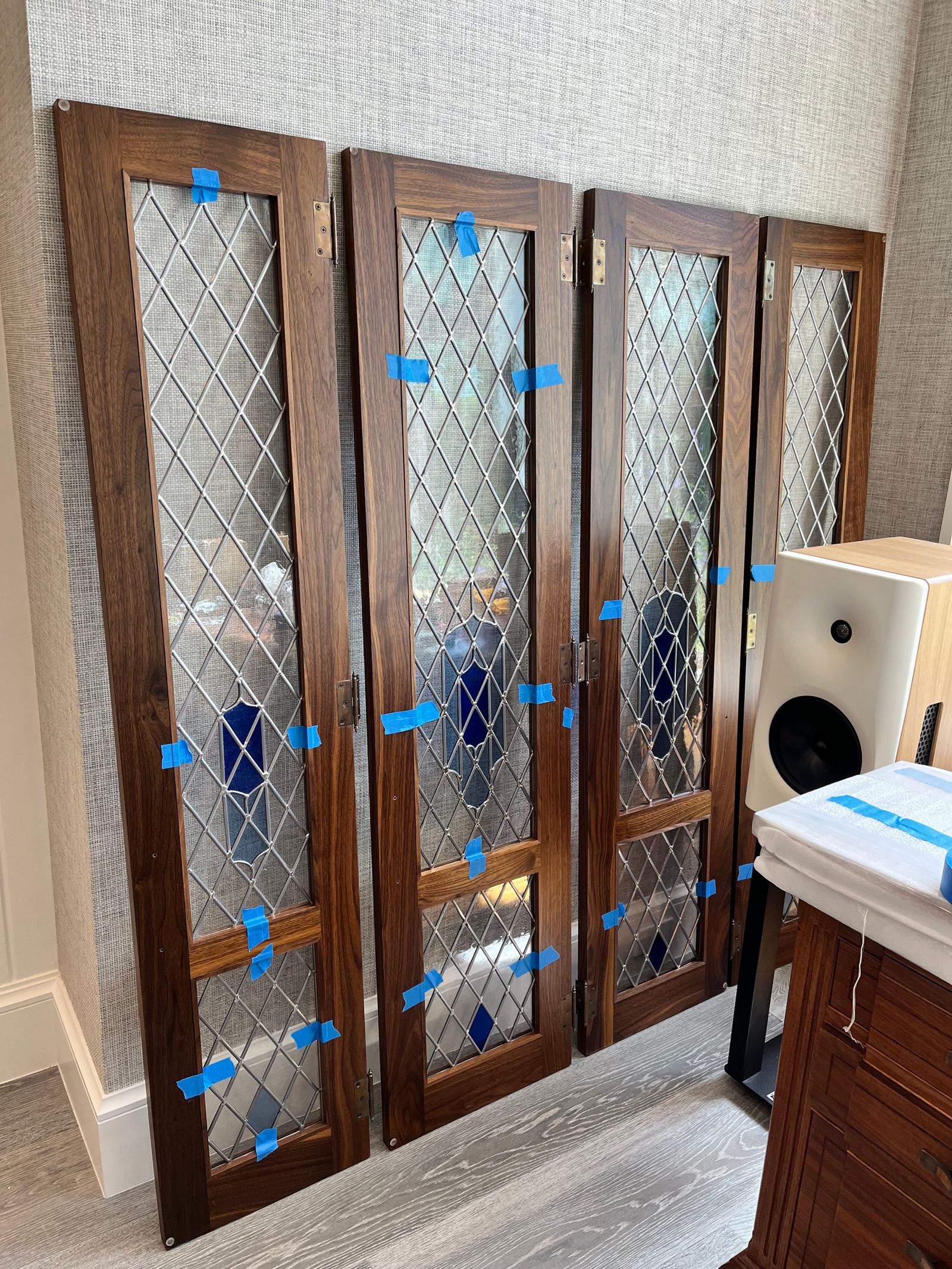 Geometric stained glass windows at the Kellner residence in Naples, Florida