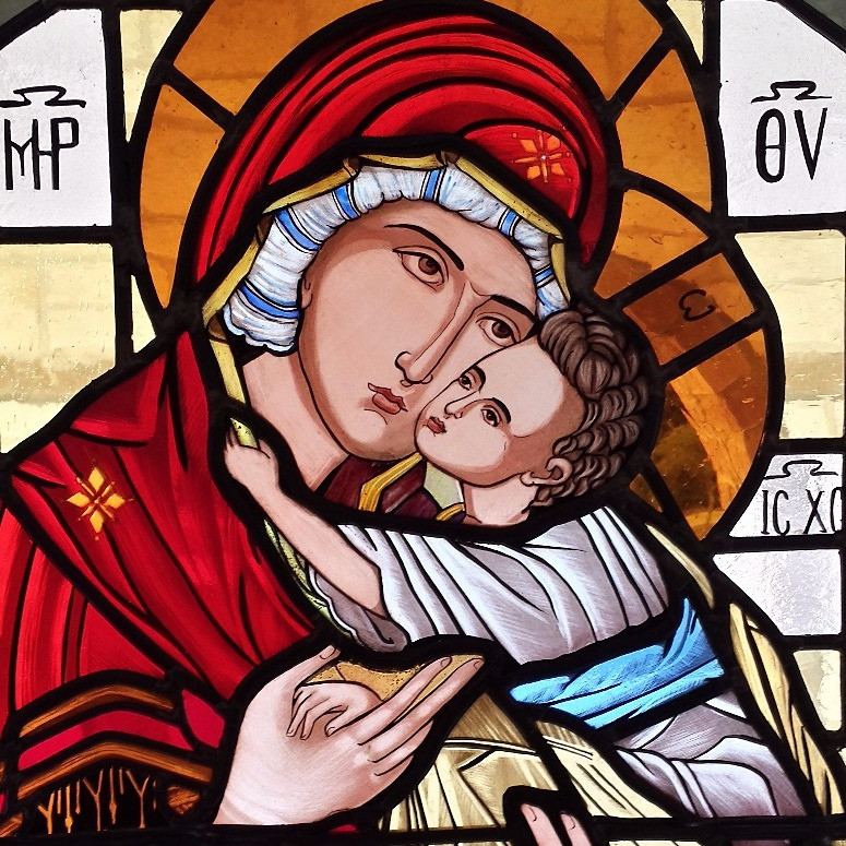 Stained glass icon window at Saint Sava Orthodox Church near Houston, Texas