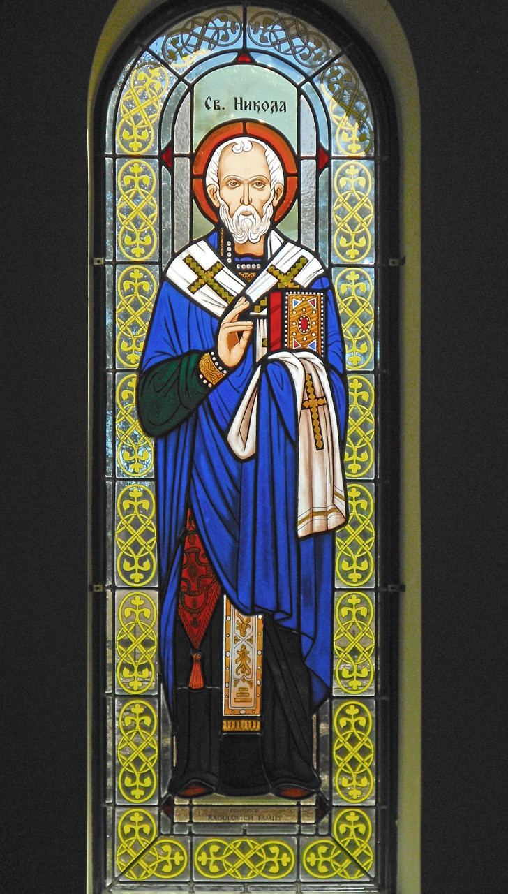 Stained glass icon window at Saint Sava Orthodox Church near Houston, Texas