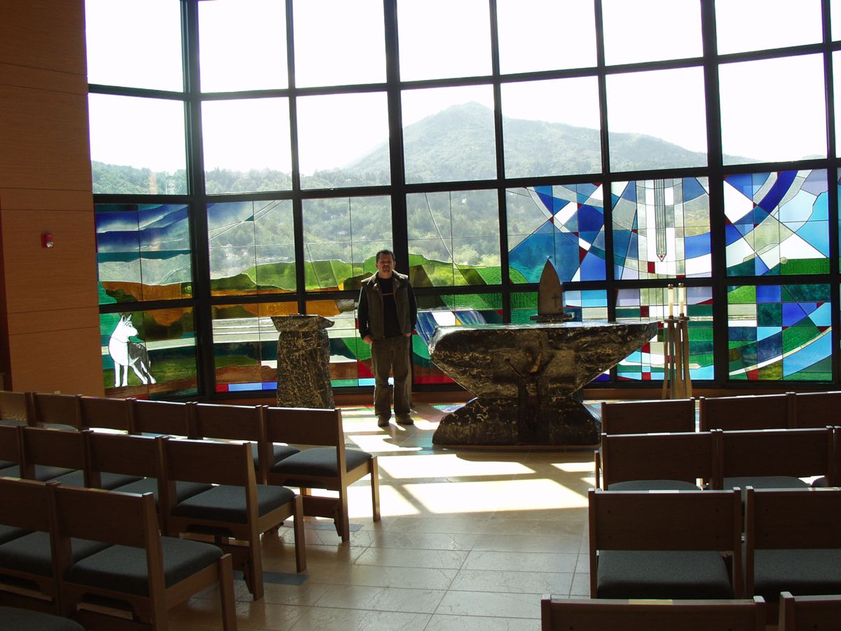 Stained glass at St. Francis Chapel, Marin Catholic in Kentfield, California