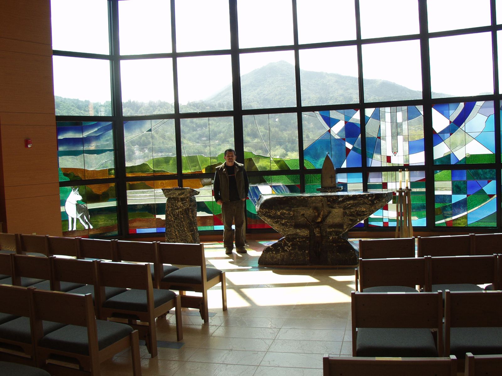 Stained glass at St. Francis Chapel, Marin Catholic in Kentfield, California