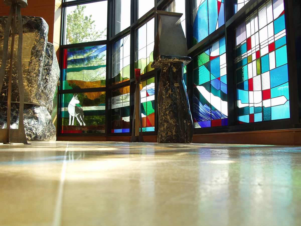 Stained glass at St. Francis Chapel, Marin Catholic in Kentfield, California