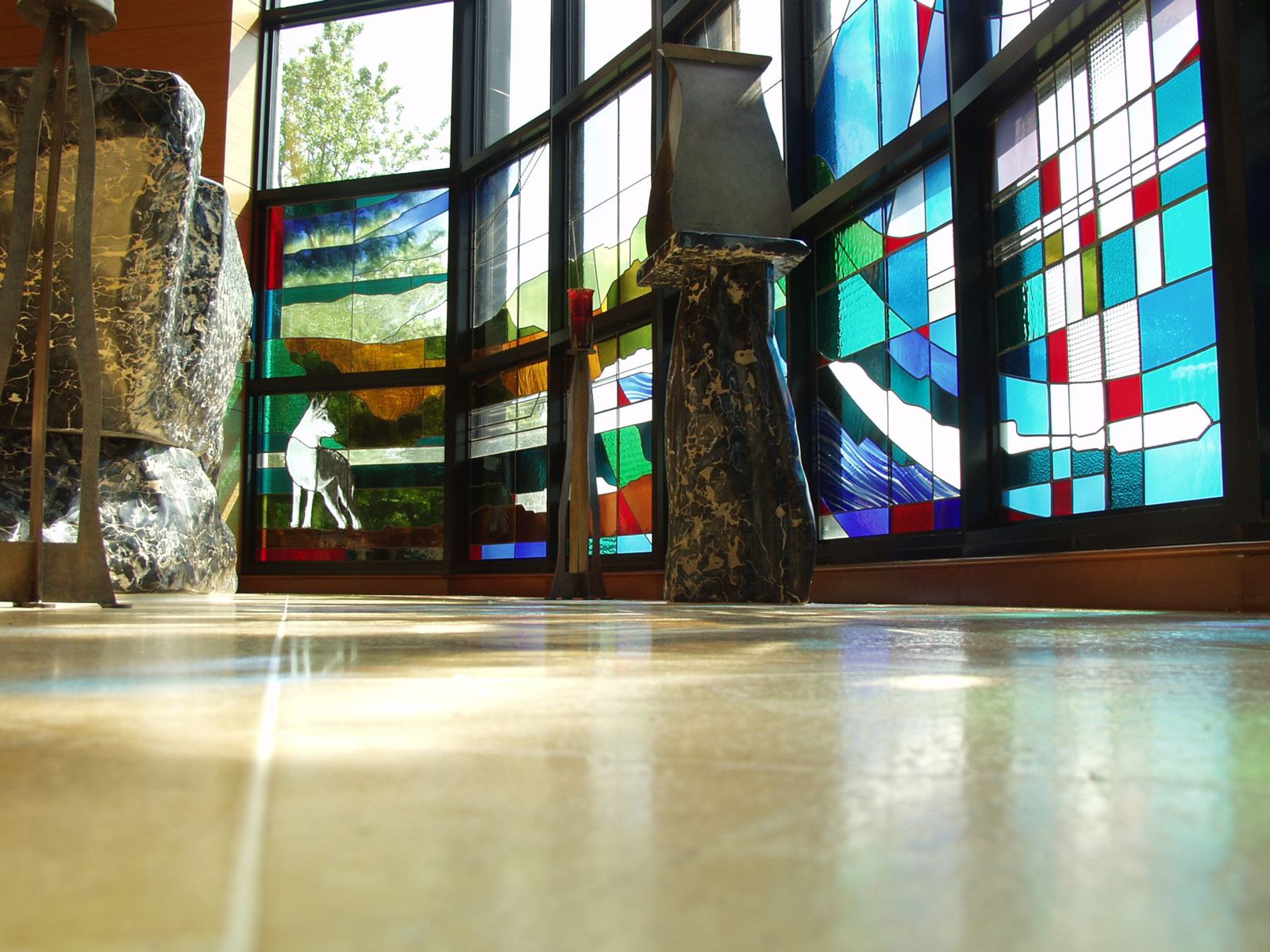 Stained glass at St. Francis Chapel, Marin Catholic in Kentfield, California