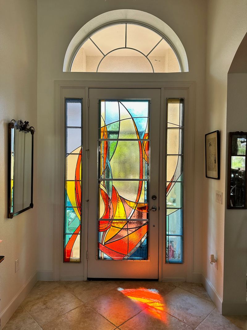 Custom leaded stained glass entrance door in a Naples, Florida home