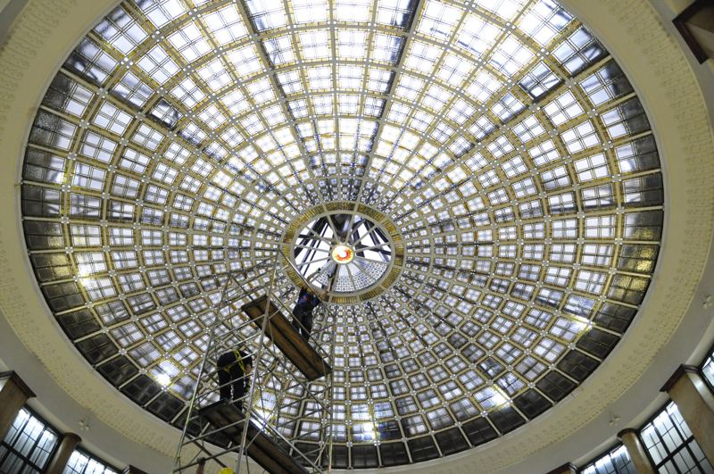 Neoclassical stained glass dome at the Alpha Bank building in Belgrade, Serbia