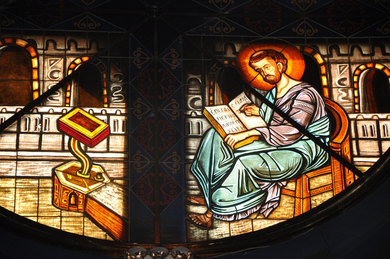 Stained glass windows at the Church of Saint Basil of Ostrog in Belgrade, Serbia