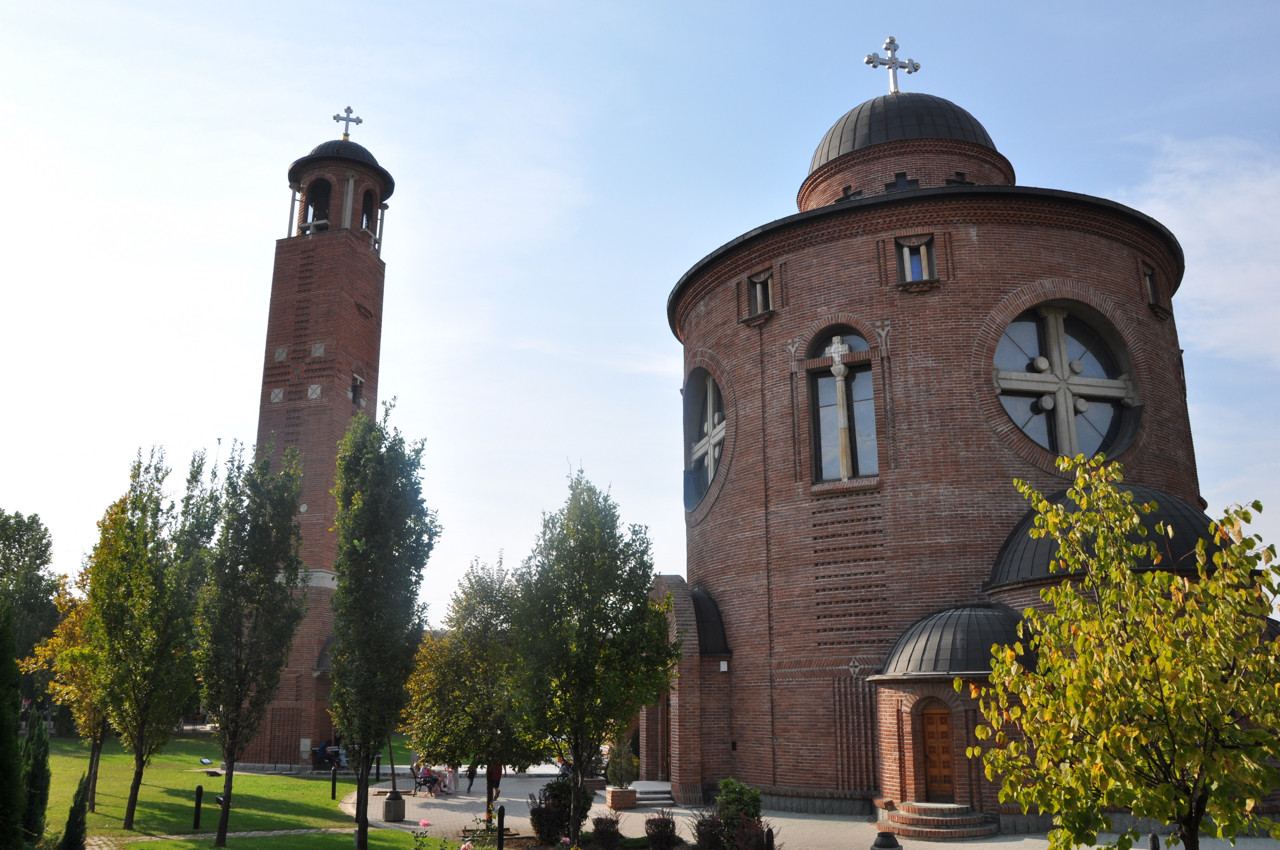 Stained glass windows at the Church of Saint Basil of Ostrog in Belgrade, Serbia