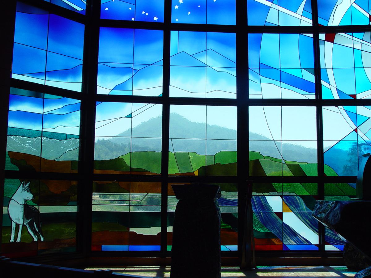 Stained glass at St. Francis Chapel, Marin Catholic in Kentfield, California