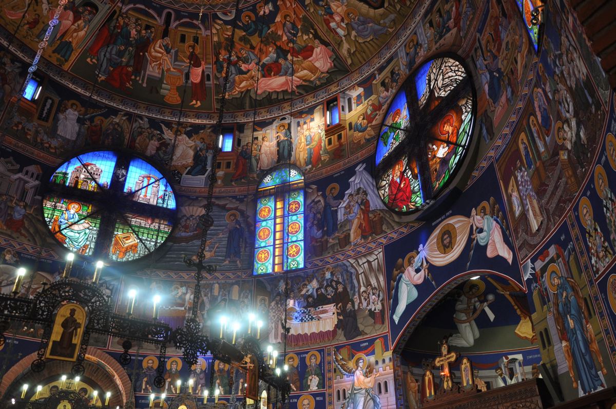 Stained glass windows at the Church of Saint Basil of Ostrog in Belgrade, Serbia