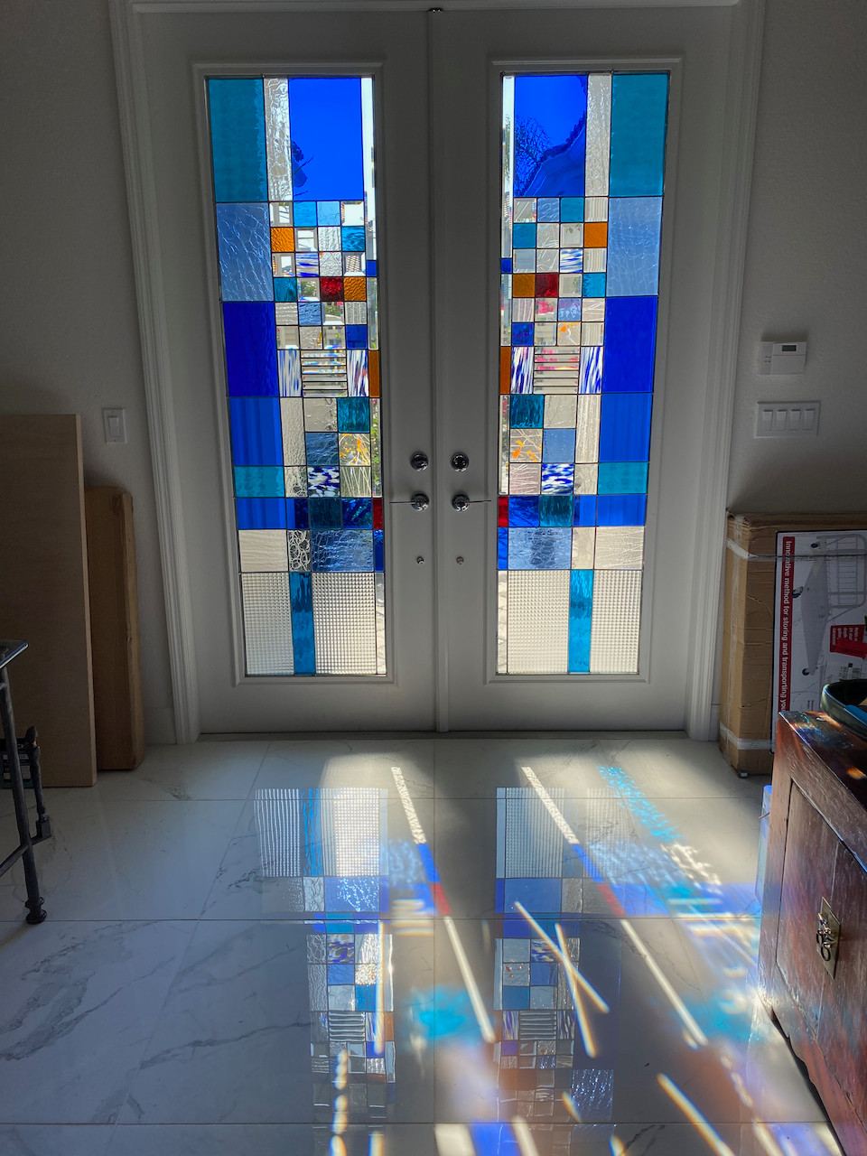 Abstract geometric stained glass at the Belfield residence in Bonita Springs