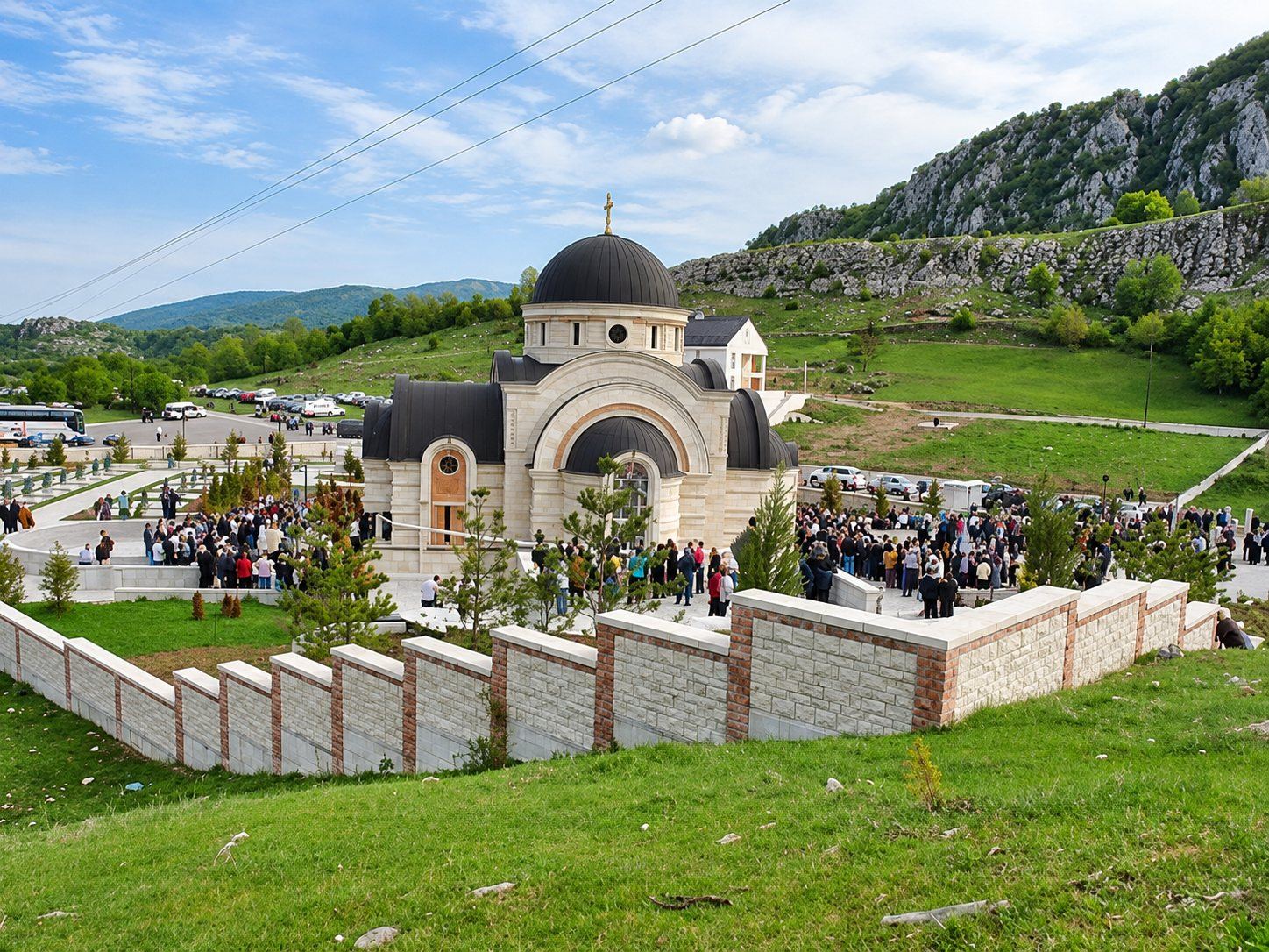 The Church of Saint Sava on Golija with the faithful gathered around it, among green hills and limestone ridges