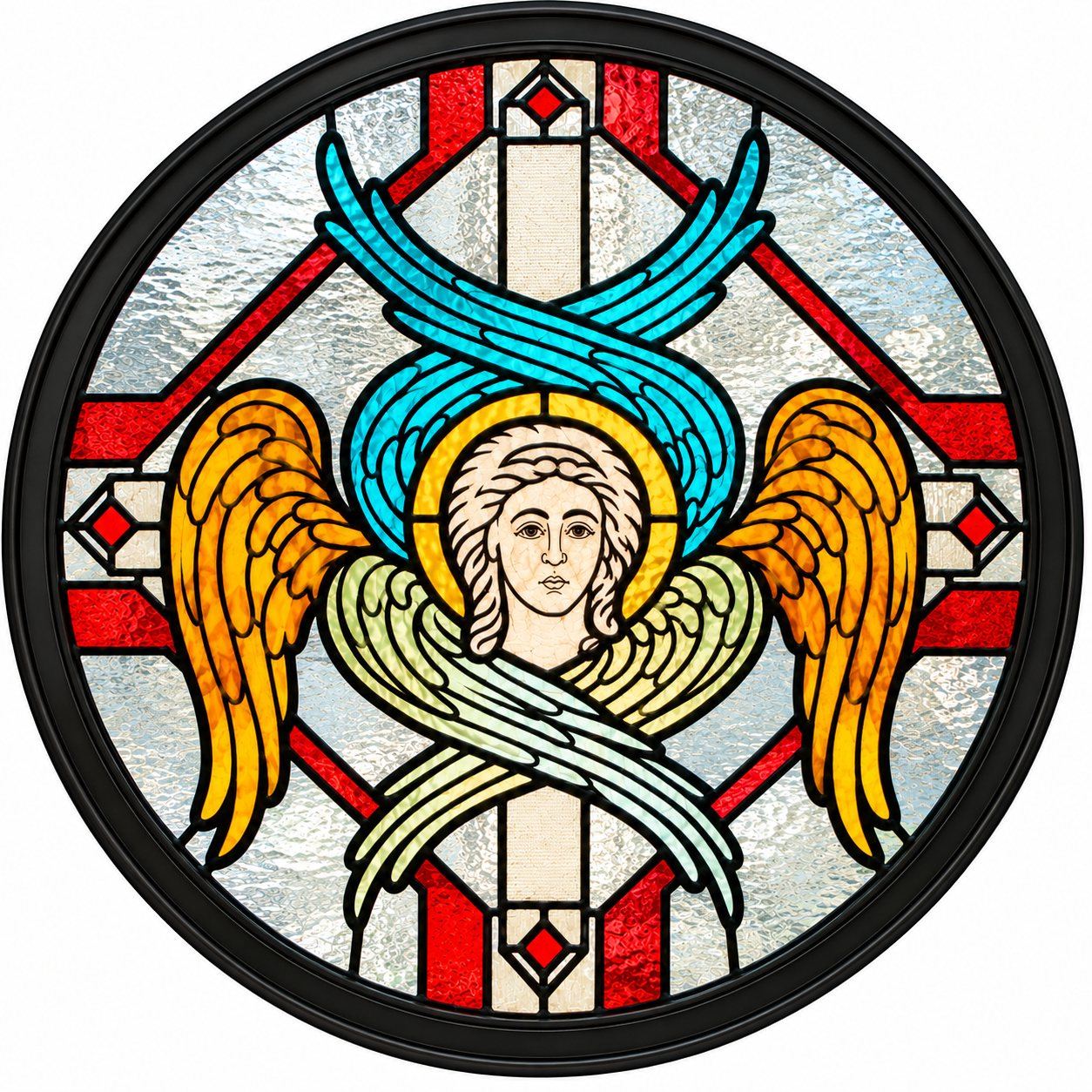 Round stained glass window of a winged seraph over a red cross, Church of Saint Sava, Golija