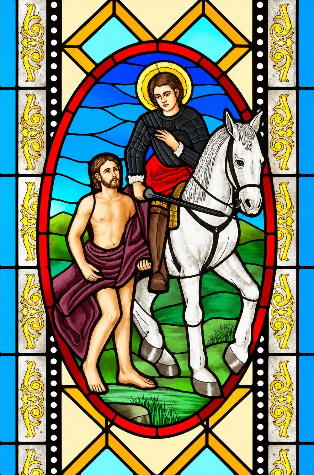 Stained glass window of Saint Martin of Tours on horseback sharing his cloak with a poor man in Hrasno