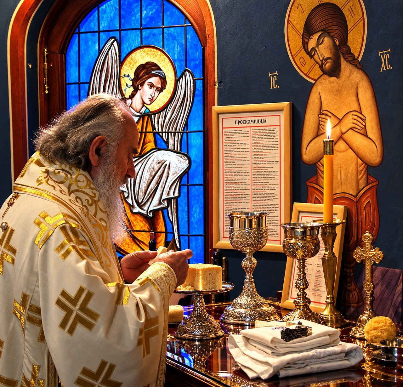 Episkop priprema časne darove na proskomidiji pored vitražnog prozora sa anđelom i freske Hrista, hram Svetog Vasilija Ostroškog u Beogradu