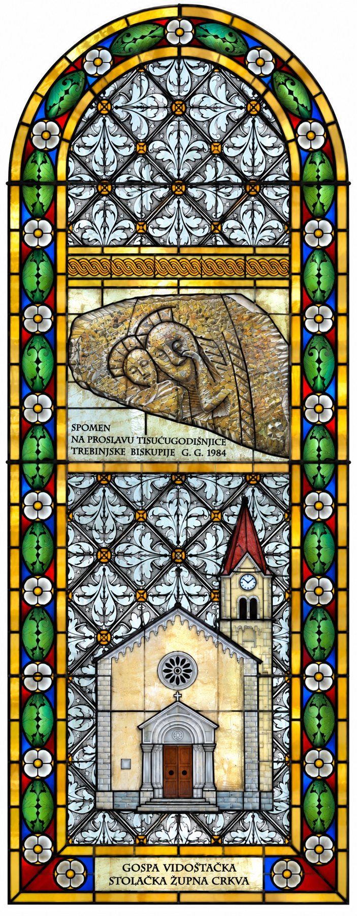 Stained glass window of Gospa Vidoštačka, the relief of Our Lady from Vidoštak and the parish church of Stolac, in memory of the millennium of the Diocese of Trebinje, 1984