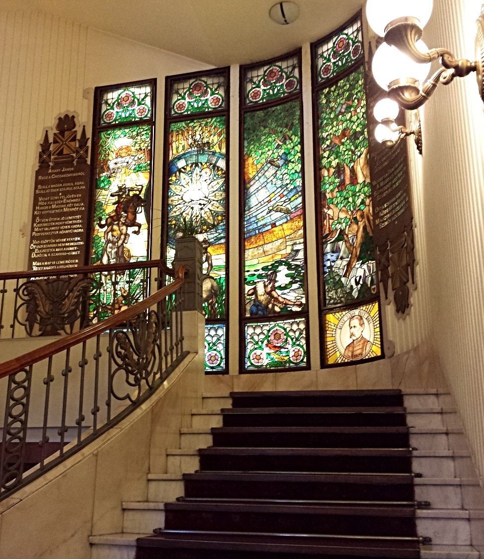 Stained glass windows at the Grand Hotel Gellert in Budapest, Hungary