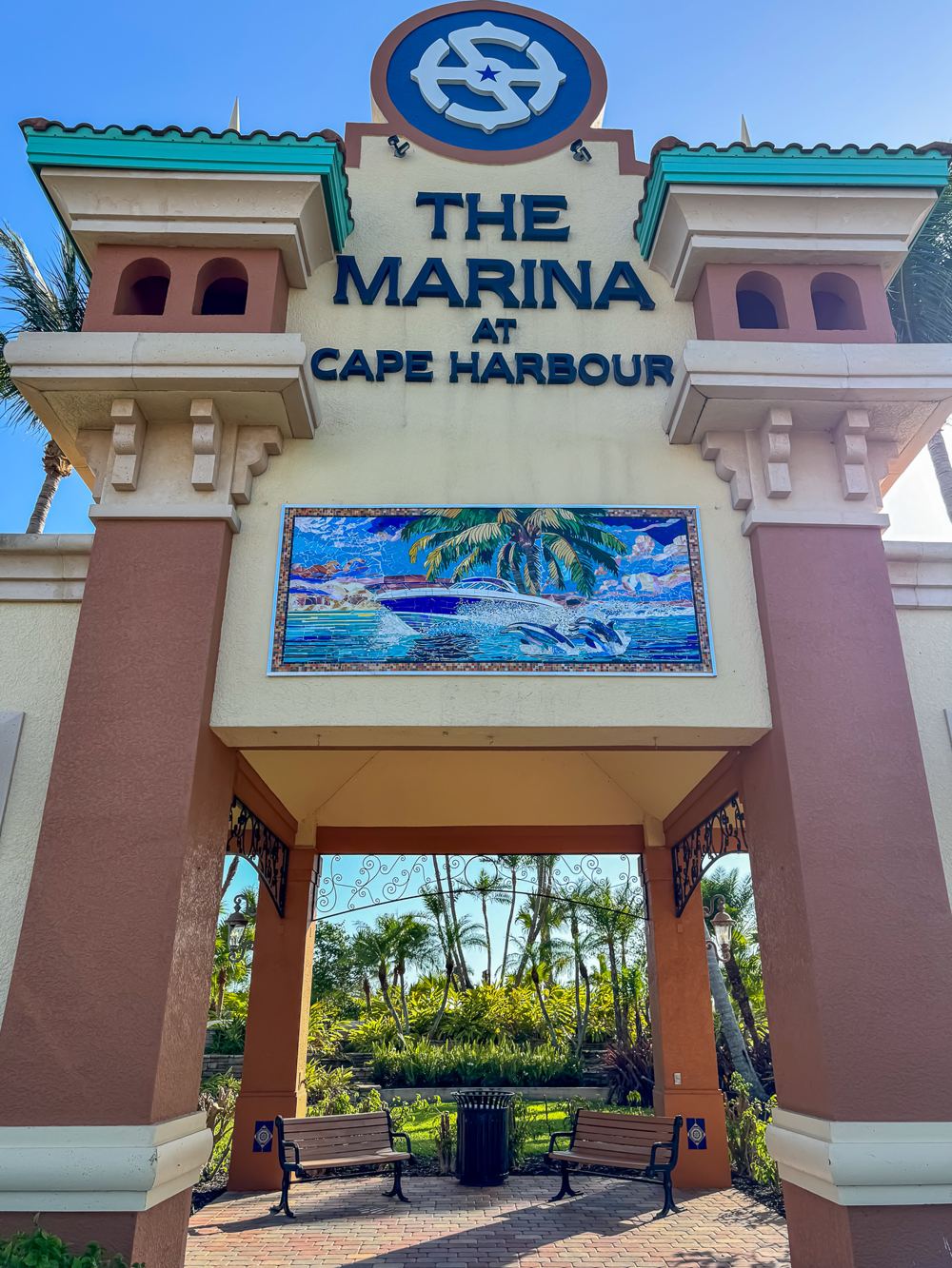 Custom mosaic for the marina entrance at Cape Harbour in Cape Coral, Florida