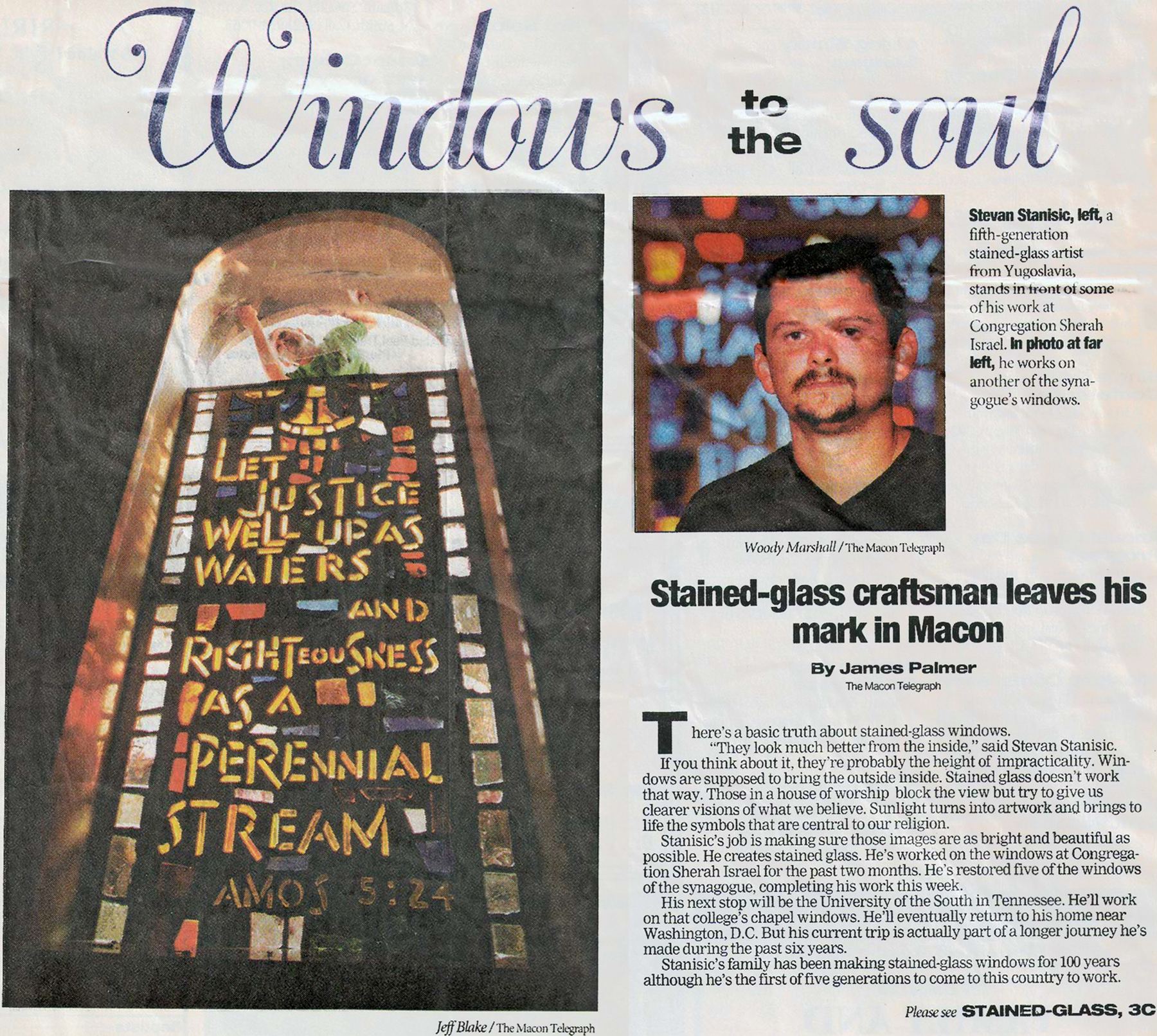 The Macon Telegraph article on stained glass at Congregation Sha'arey Israel in Macon, Georgia