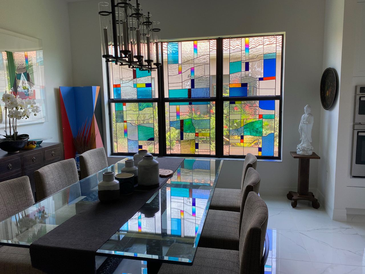 Abstract geometric stained glass at the Belfield residence in Bonita Springs