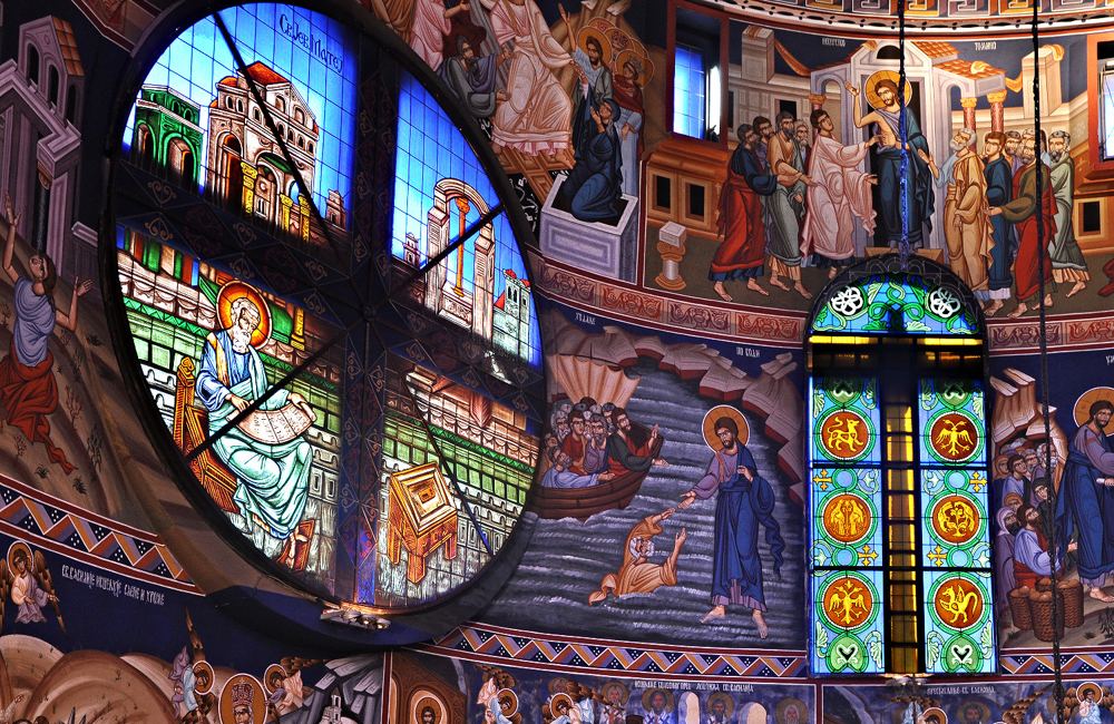 Stained glass windows at the Church of Saint Basil of Ostrog in Belgrade, Serbia
