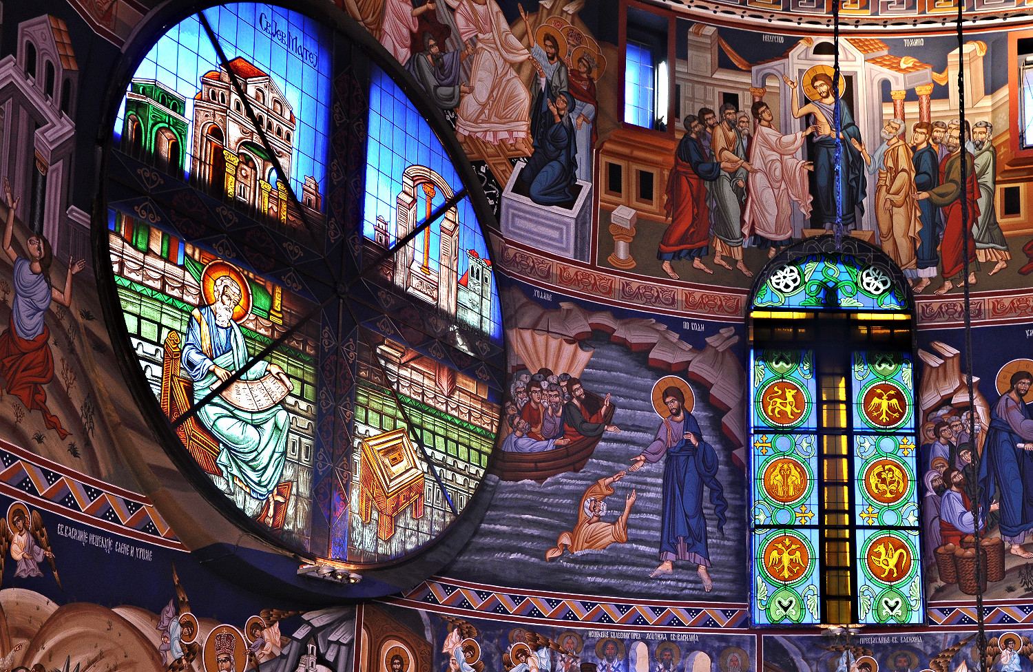 Stained glass windows at the Church of Saint Basil of Ostrog in Belgrade, Serbia