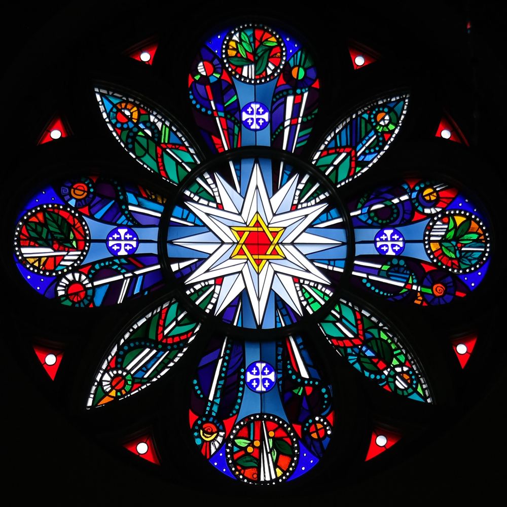 Rose window stained glass at St. Paul Episcopal Church in Greenville, North Carolina