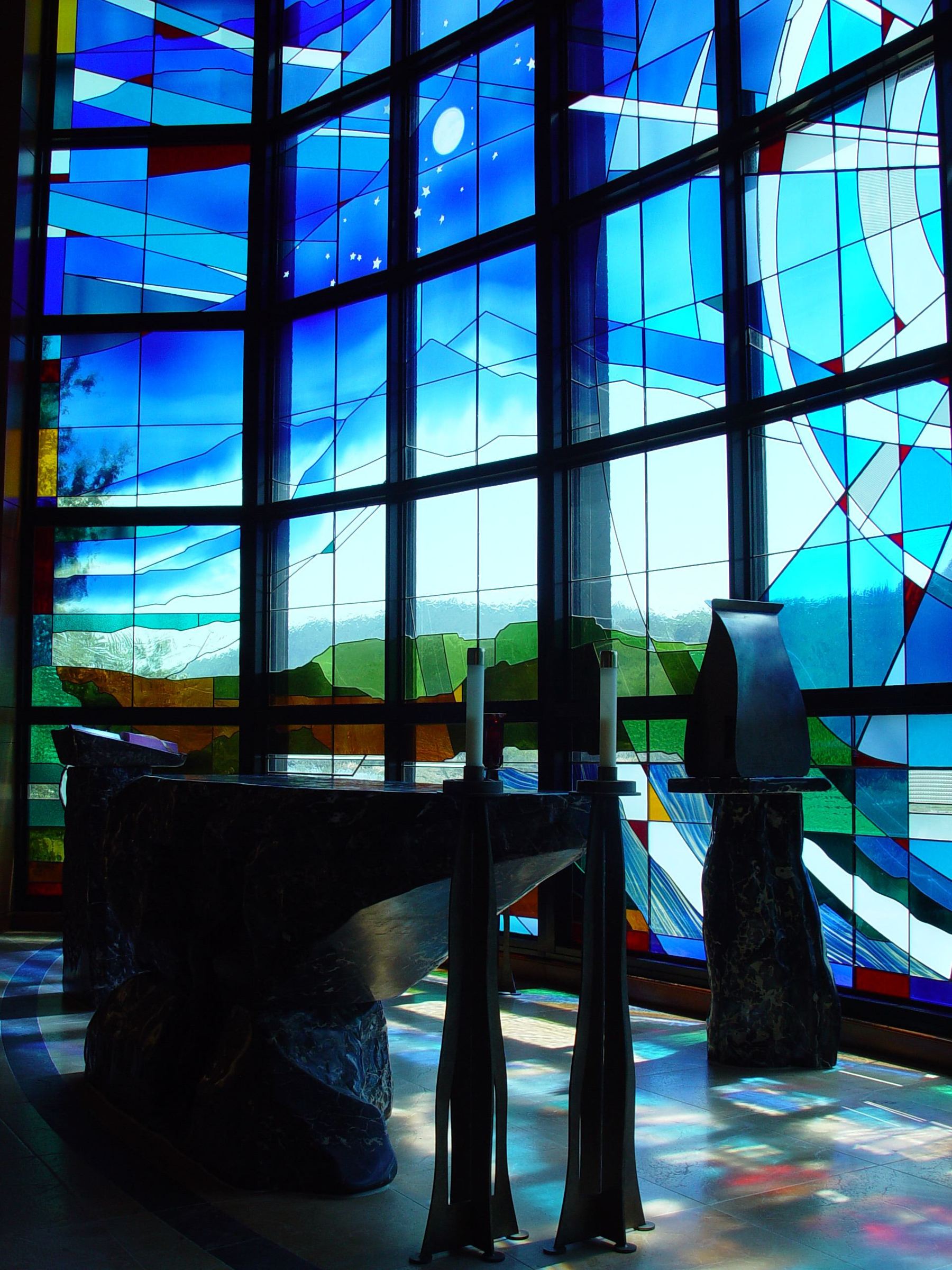 Stained glass at St. Francis Chapel, Marin Catholic in Kentfield, California