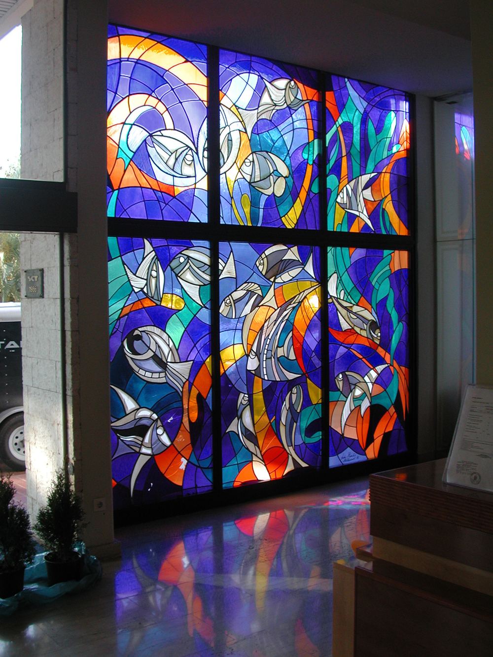 Stained glass in the lobby of Hotel Melia Sol in Umago, Croatia