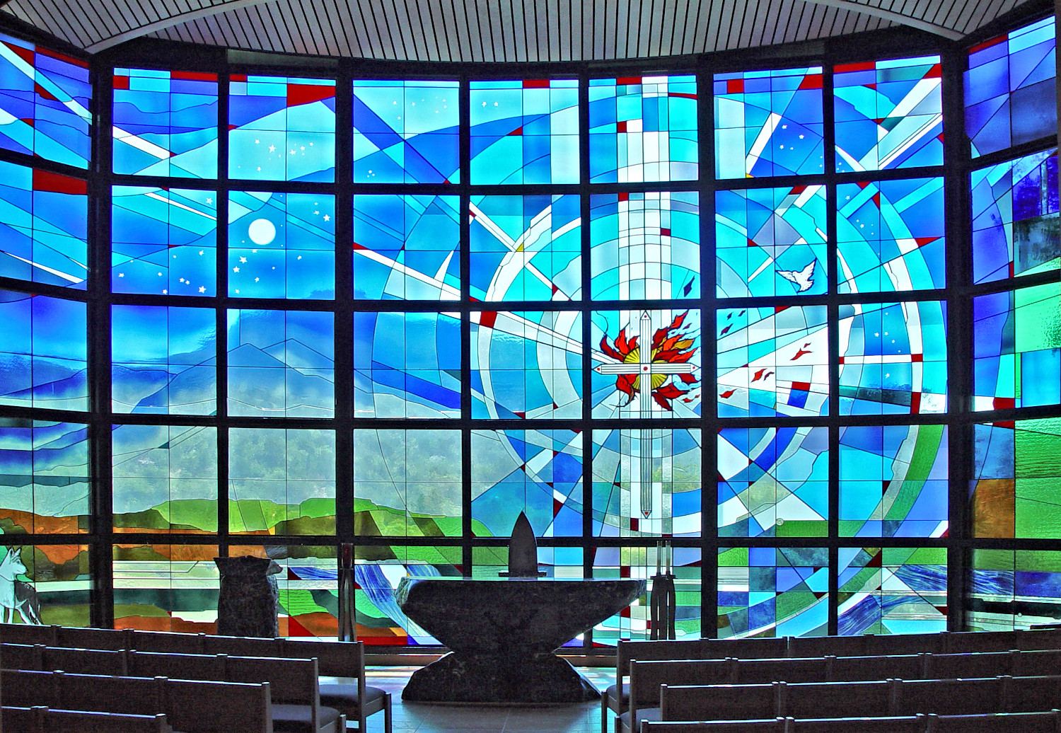 Stained glass at St. Francis Chapel, Marin Catholic in Kentfield, California
