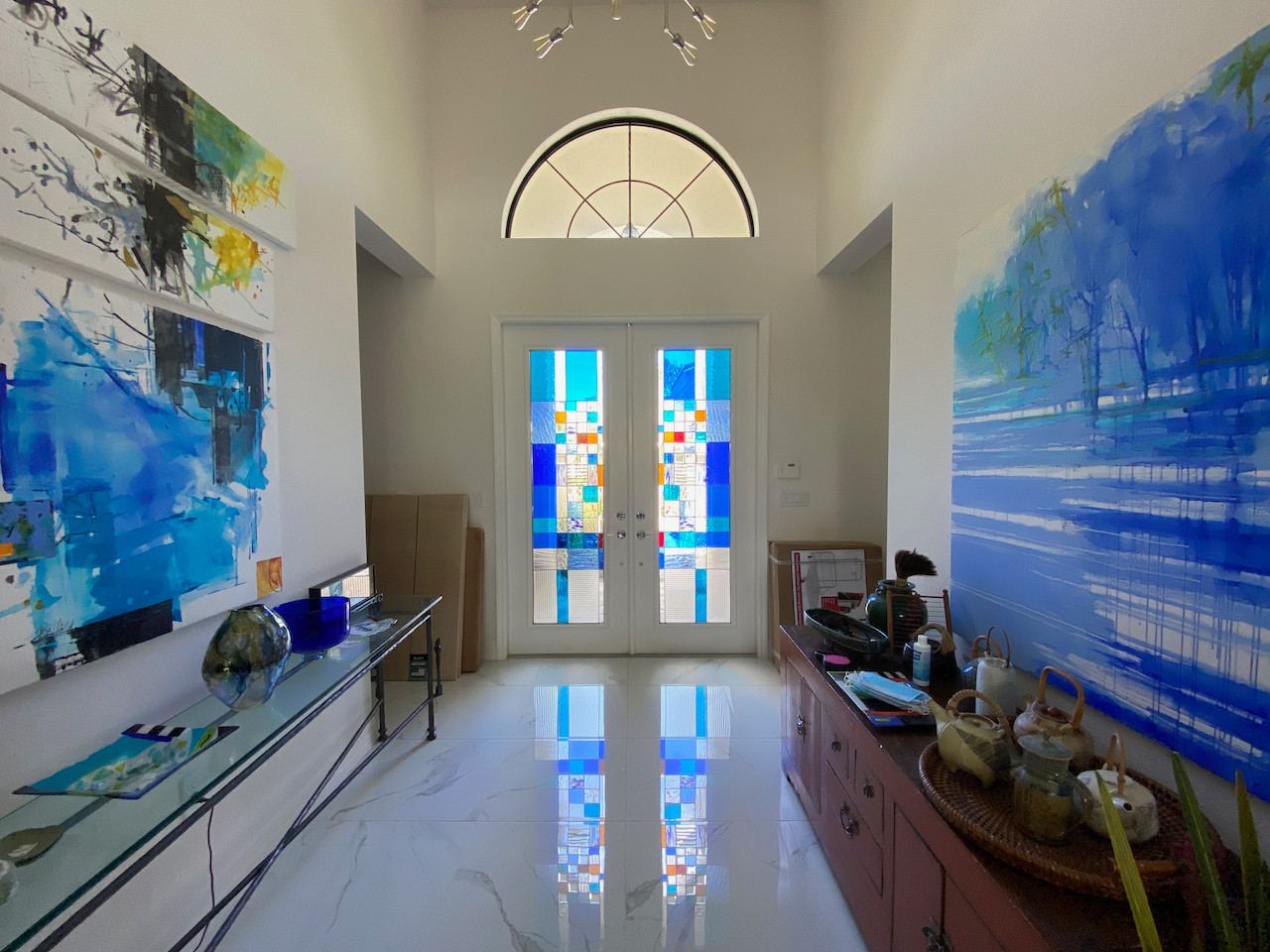 Abstract geometric stained glass in the front door of the Belfield residence in Bonita Springs, Florida