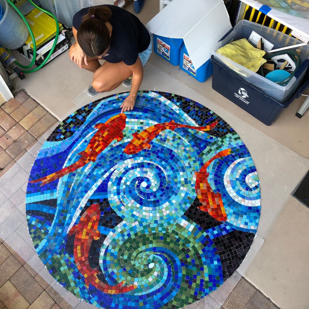 Glass tile fish mosaic for a private swimming pool in Bonita Springs, Florida